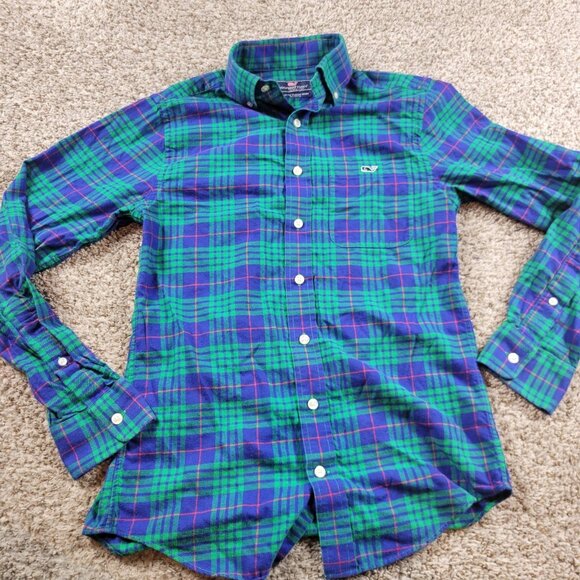 Vineyard Vines Shirt Mens XS Plaid Flannel Green Blue Long Sleeve Slim Trucker - Picture 2 of 7